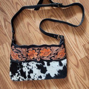 Large Genuine Handmade Cowhide Leather Zip Top Crossbody Bag